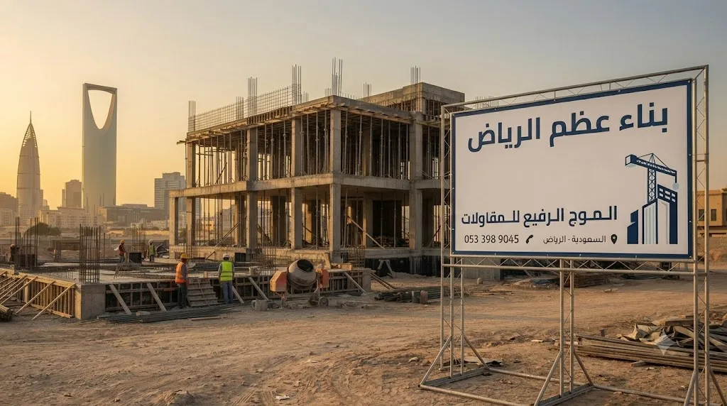 موقع بناء عظم بالرياض مع لوحة شركة الموج الرفيع للمقاولات وأفق معالم الرياض